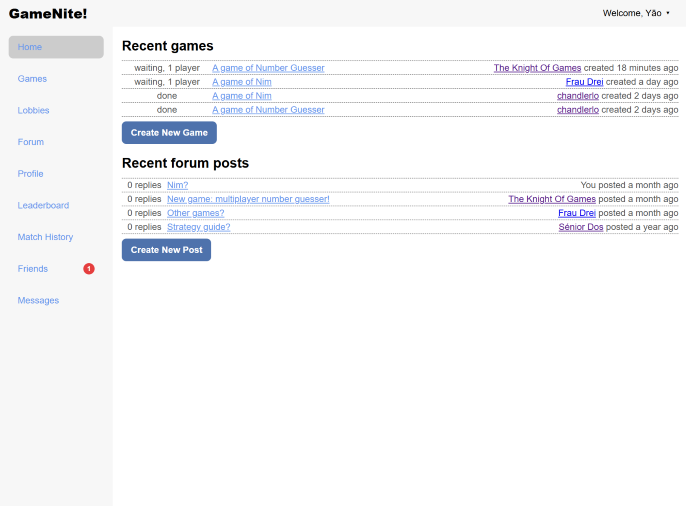 Screenshot of an online game platform's home page